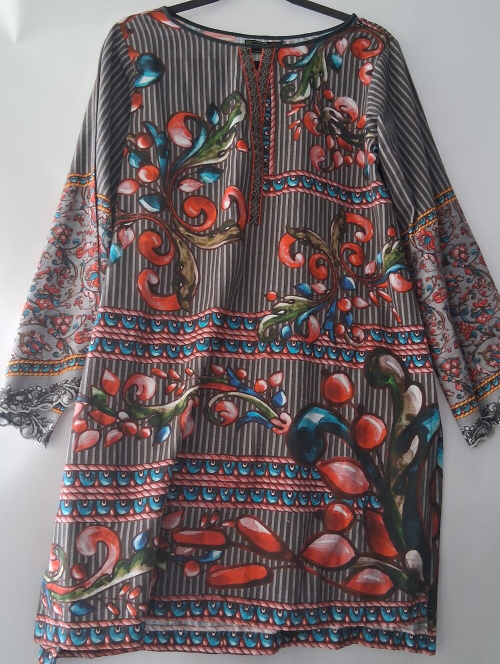 Kurta Tunic Top with Grey Stripes And Coral Floral Accents